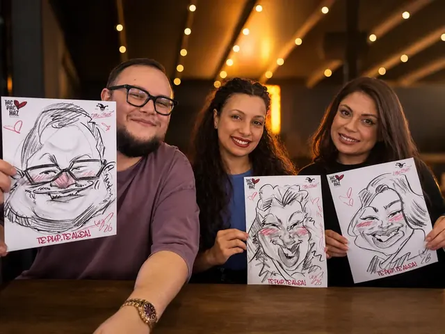 Trei prieteni într-un restaurant, fiecare cu caricatura lui