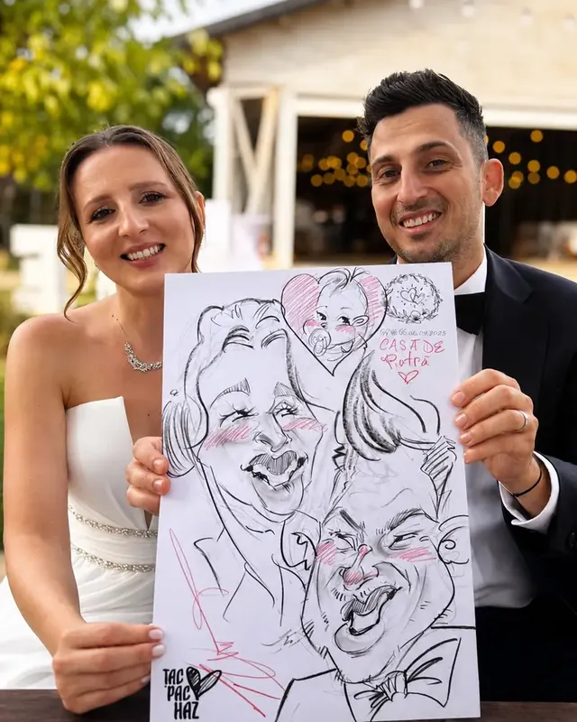 Mireasa și mirele cu caricatura lor, desenată live la nuntă