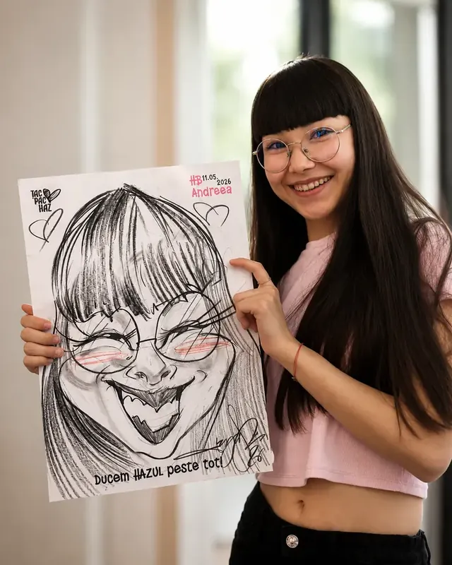 O invitată lângă caricatura ei, desenată pe loc