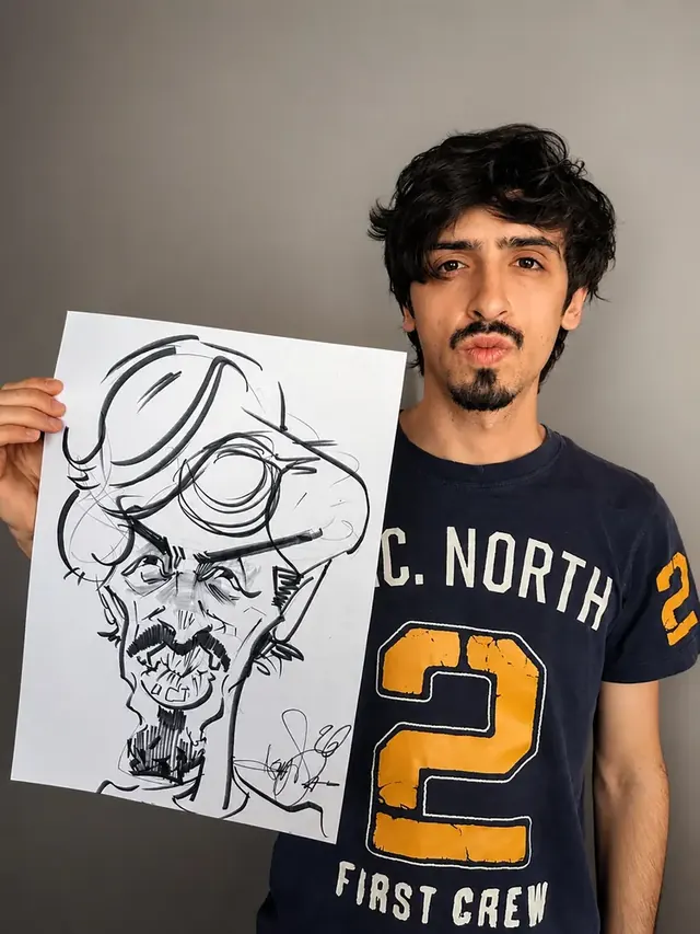 Un tânăr cu tricou cu numărul 2 și caricatura lui