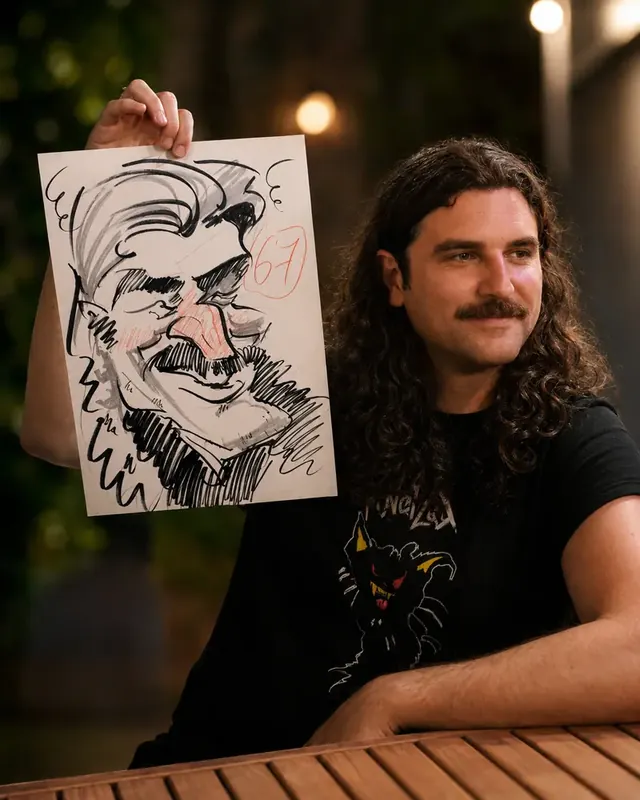 Un bărbat cu păr lung și caricatura lui, pe o terasă