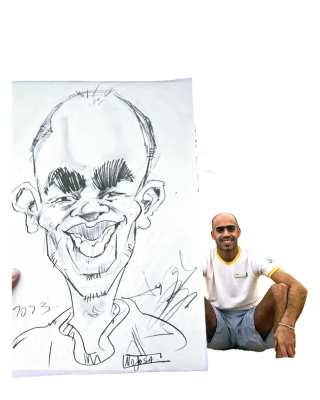 Un bărbat lângă caricatura lui, mult mai mare decât el