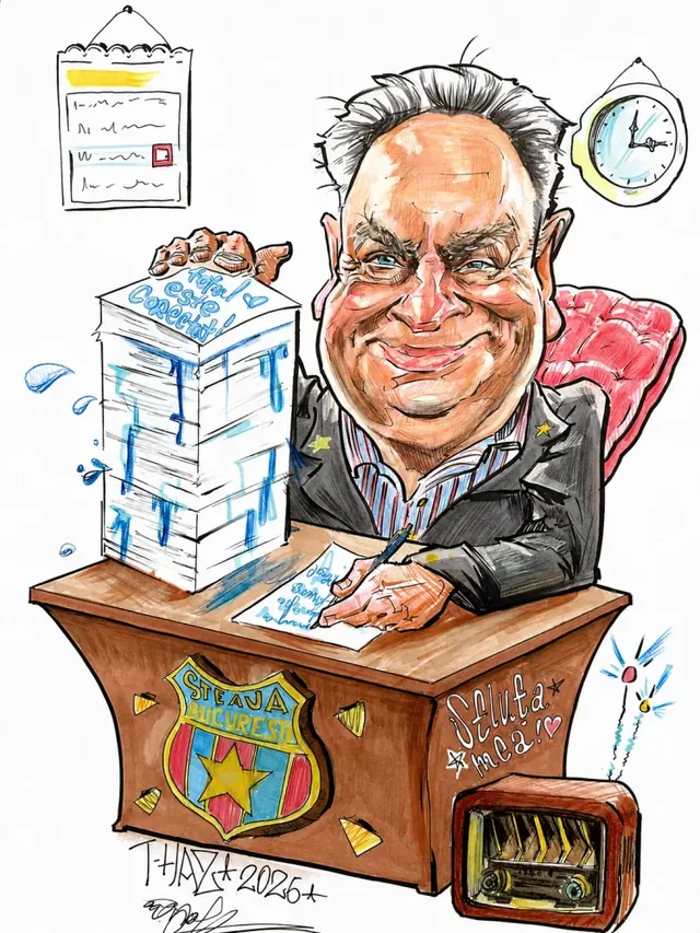 Caricatură color cu un bărbat la birou, între teancuri de hârtii