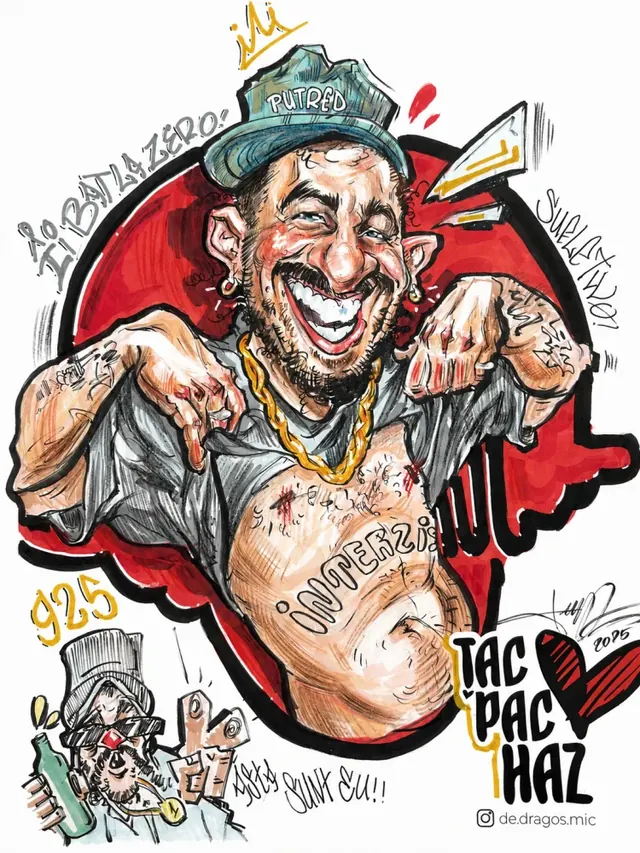 Caricatură color la comandă: un tânăr cu șapcă și lanț de aur