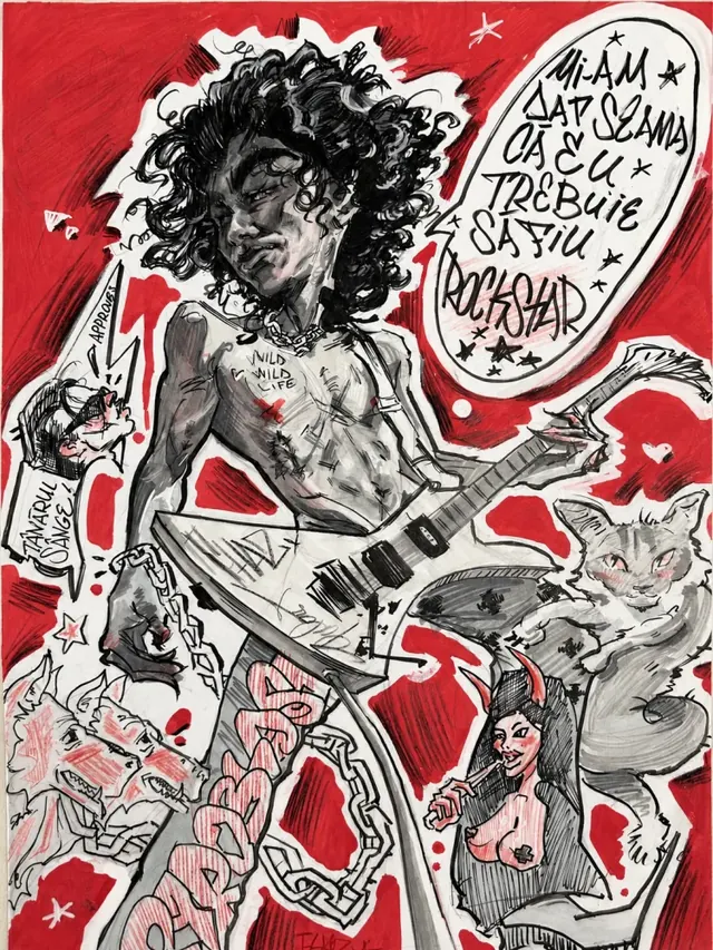 Caricatură color cu un rocker cu chitara, pe fundal roșu