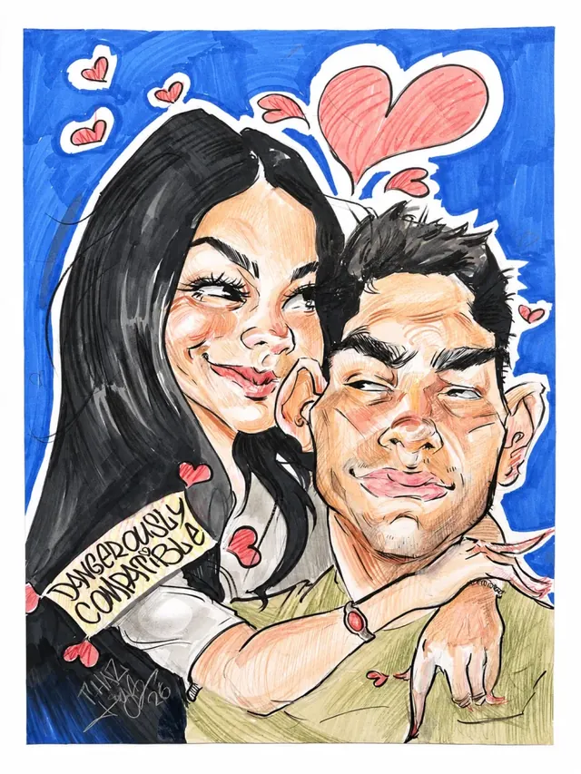 Caricatură color cu un cuplu și inimioare, pe fundal albastru
