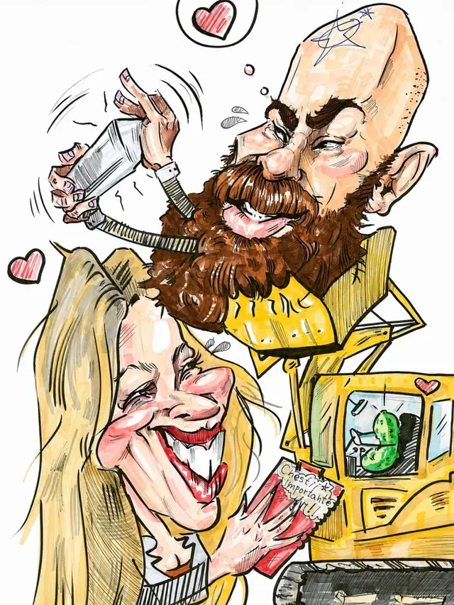 Caricatură color cu un bărbat cu barbă, o blondă și un excavator