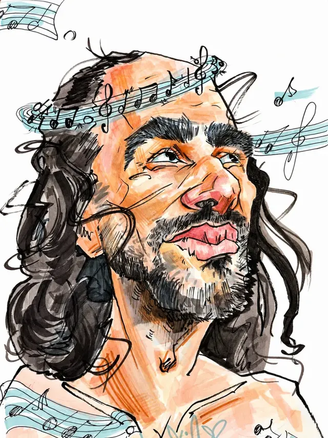 Caricatură color cu un bărbat cu păr lung și barbă