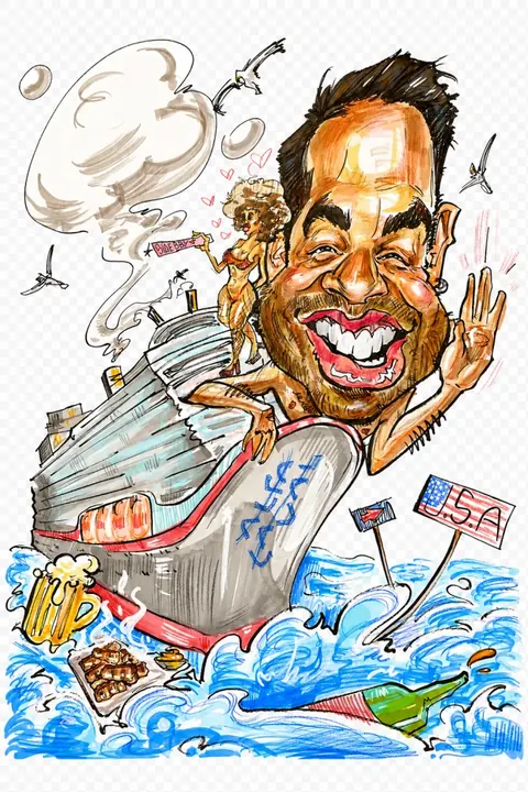 Caricatură color cu un bărbat pe un vapor de croazieră