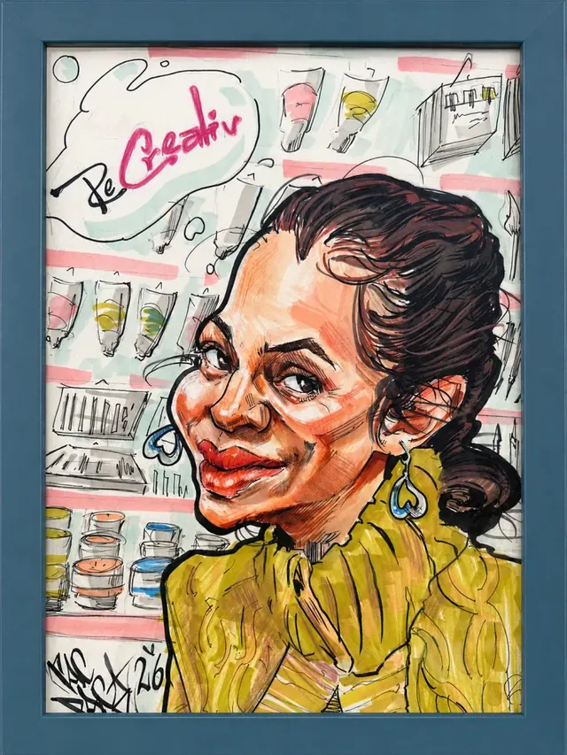 Caricatură color cu o femeie într-un magazin, cu ramă albastră