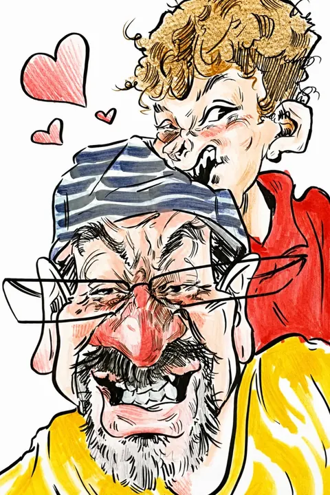 Caricatură color cu un bunic cu nas roșu și nepotul lui