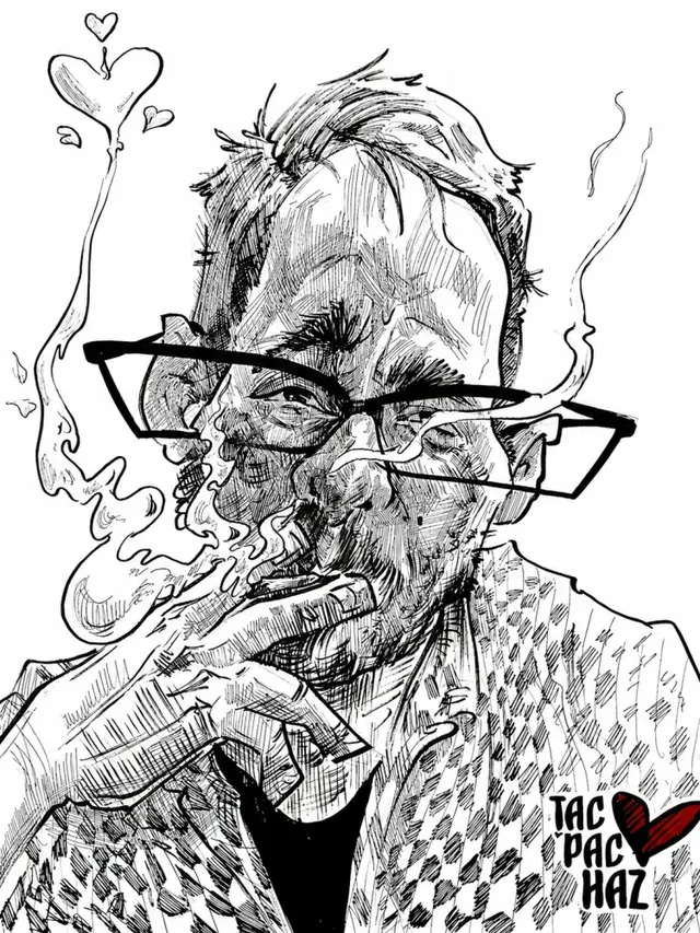 Caricatură alb-negru cu un bărbat cu ochelari