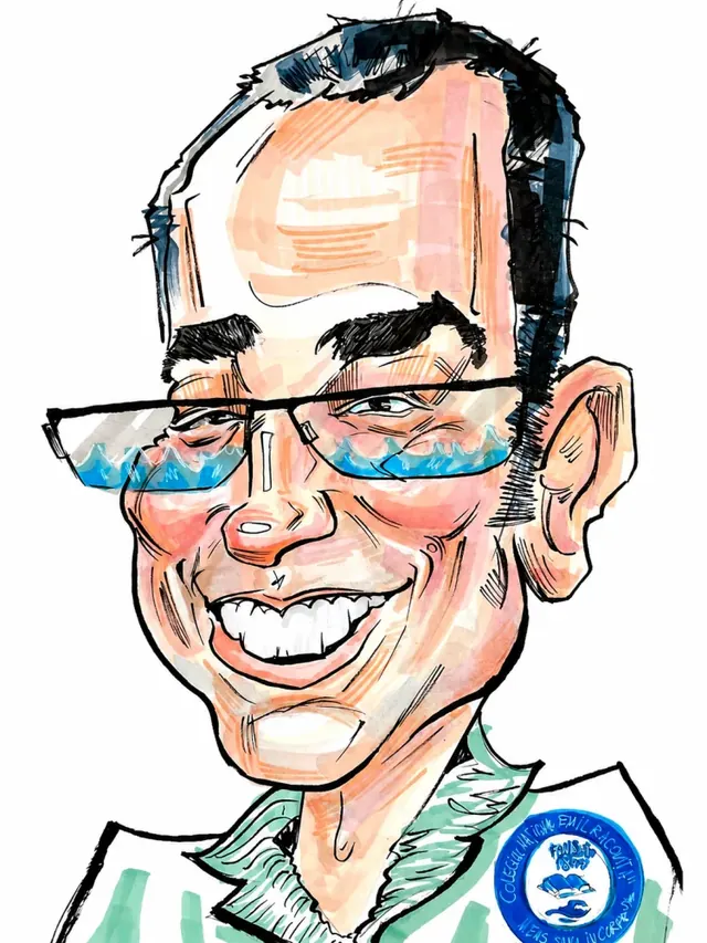 Caricatură color cu un bărbat cu ochelari, zâmbind larg