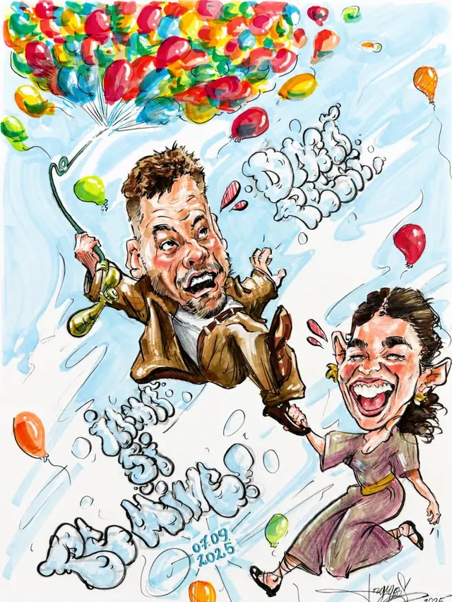 Caricatură color cu un cuplu care zboară agățat de baloane