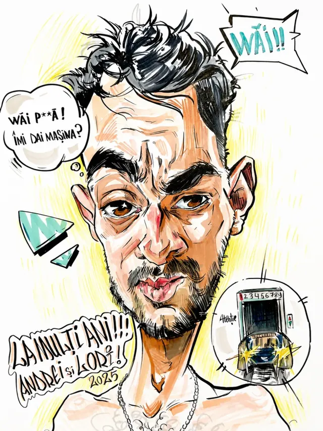 Caricatură color de zi de naștere cu un tânăr tatuat