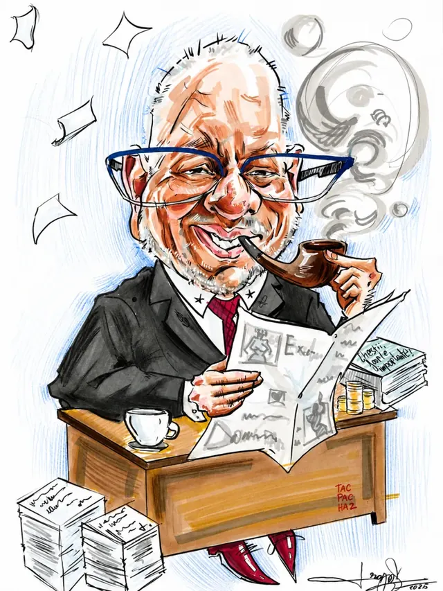 Caricatură color cu un domn cu pipă, la birou, citind ziarul