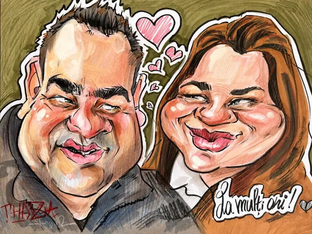 Caricatură color cu un cuplu, desenată pentru o aniversare