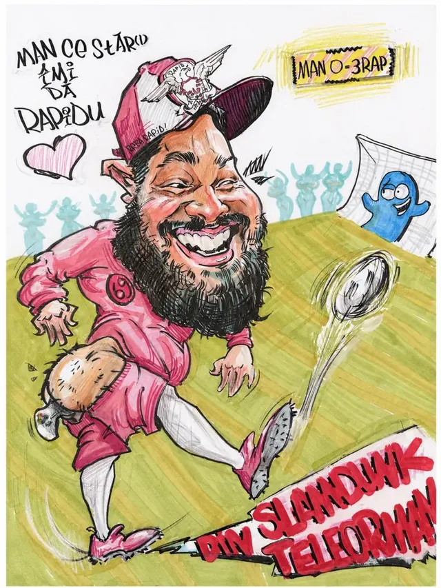 Caricatură color cu un bărbat cu barbă, în echipament de fotbal roz