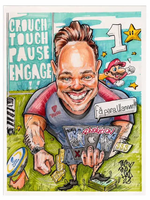 Caricatură color cu un pasionat de rugby