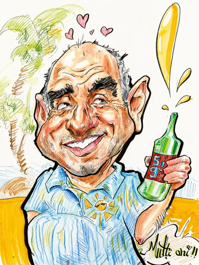Caricatură color cu un domn în vârstă și o sticlă