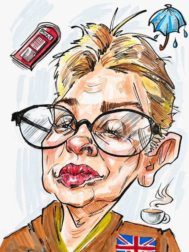 Caricatură color cu o femeie cu ochelari și steagul britanic