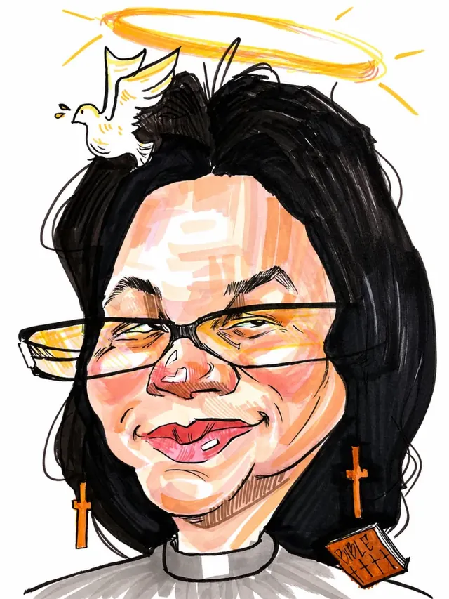 Caricatură color cu o femeie cu ochelari și aureolă
