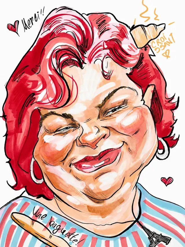 Caricatură color cu o femeie cu păr roșu
