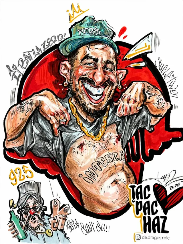 Caricatură color cu un bărbat tatuat, pe fundal roșu