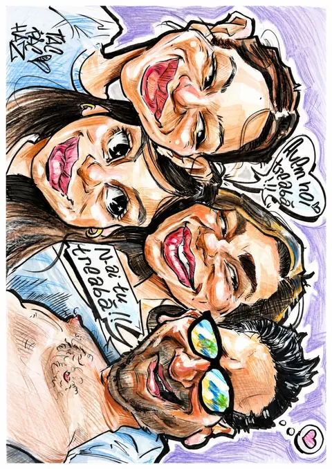 Caricatură color cu trei prieteni într-un selfie