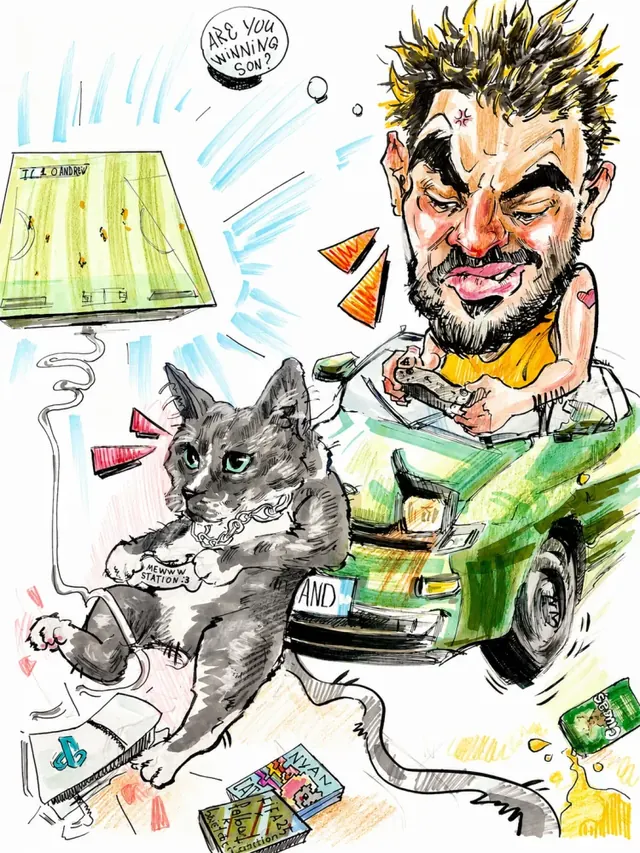 Caricatură color cu un tânăr, o pisică și o mașină verde