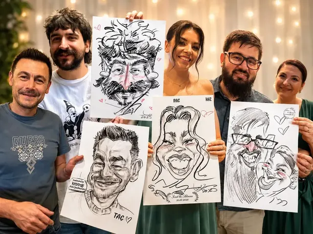 Cinci invitați la un eveniment, fiecare ținând caricatura desenată de Dragoș în aceeași seară