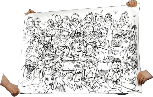 O caricatură de grup cu zeci de invitați de la o nuntă, ținută în mâini